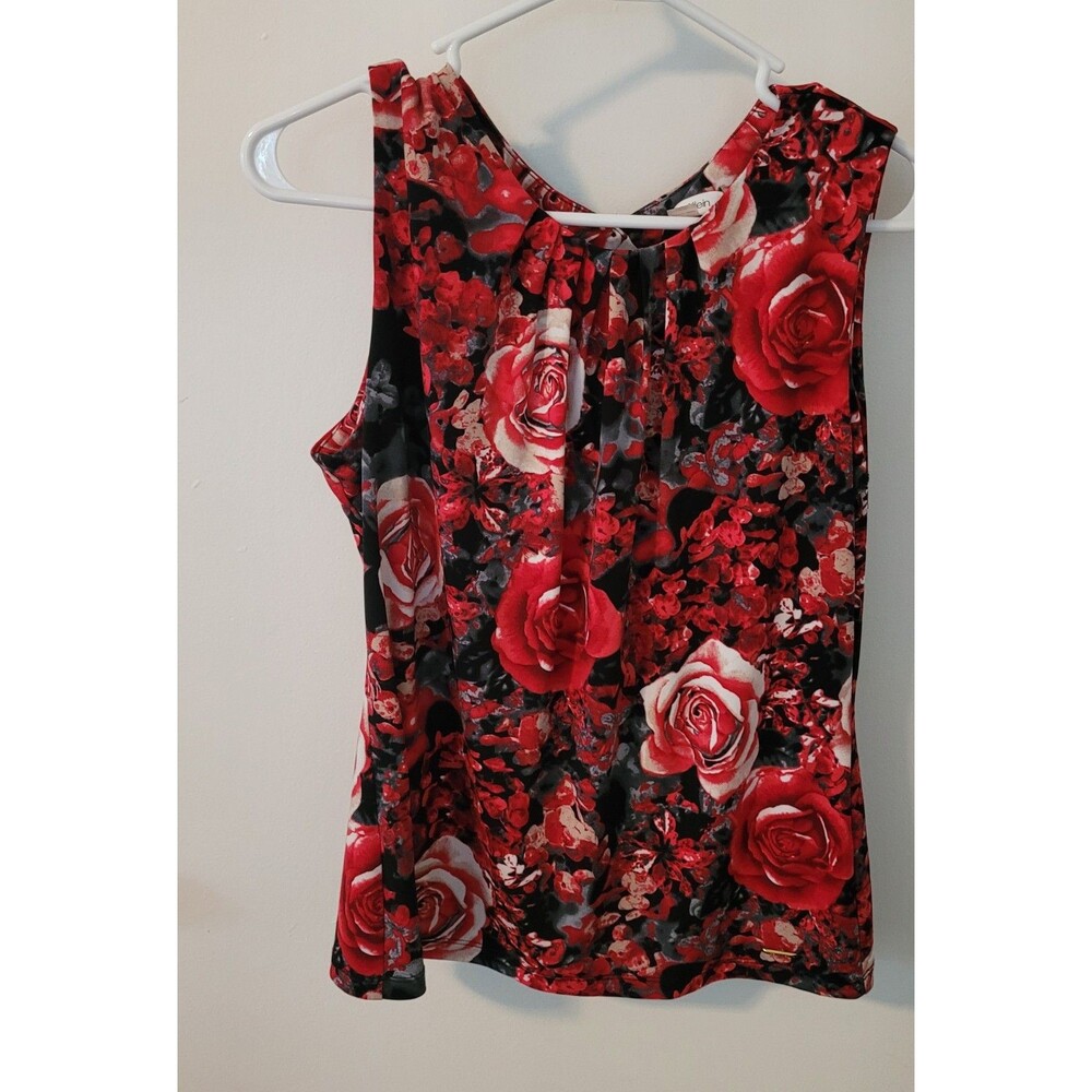 Calvin Klein Blouse Women's Large Sleeveless Pleated Round Neck Stretch Top